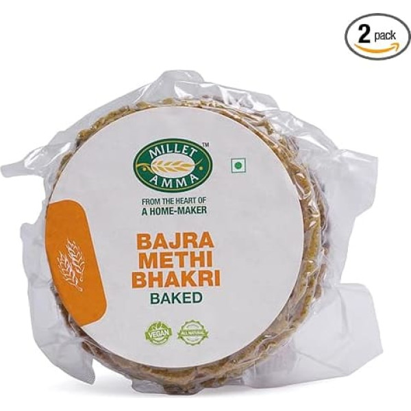 MILLET AMMA Baked Bajra Methi Bhakhri - 360g | (2 iepakojumi pa 180g katrā) | Gatavs ēšanai | Labākā izvēle uzkodām, ballītēm un pasākumiem | Veselīgas tradicionālās Gudžarati uzkodas