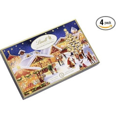 Lindt Chocolate Christmas Market Pralinés, 4 x 130 g, 12 Ziemassvētku šokolādes konfektes 3 šķirnēs, daļēji ar alkohola piedevu, šokolādes dāvana Ziemassvētkiem, šokolādes dāvana