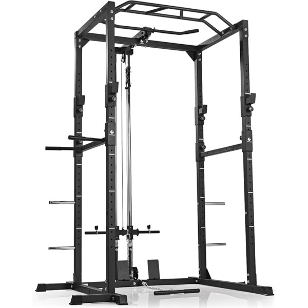 FitEngine Power Rack, Power Cage ar Lat Pull, Cable Pull, Dip Station + Pull-Up Bar, maināms regulējams spotteris stienim