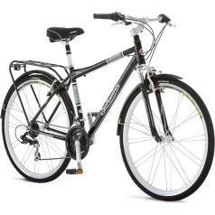 Schwinn Discover hibrīda velosipēds vīriešiem un sievietēm, ar alumīnija pilsētas rāmi, 21 ātruma pārnesumu, priekšējiem un aizmugurējiem dubļu aizsargiem, aizmugurējo bagāžnieku un statīvu, ar 700 c/28 collu riteņiem, melns un balts.