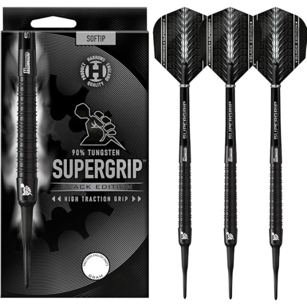 Harrows SUPERGRIP BLACK Edition 90% Soft Tip Tungsten šautriņu komplekts Pieejams 16g, 18g, 20g - ietver Supergrip vārpstiņas un Supergrip lidojošās lidmašīnas 20g