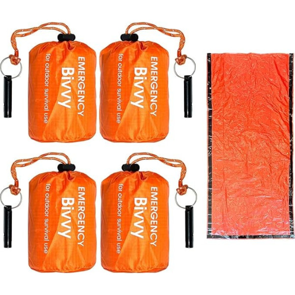 8 in 1 avārijas guļammaiss, Bivvy Sack, izdzīvošanas guļammaiss ar svilpīti, termiskā Bivy Satchel sega, 1 personas izmērs, viegls un pārnēsājams (4 iepakojums)