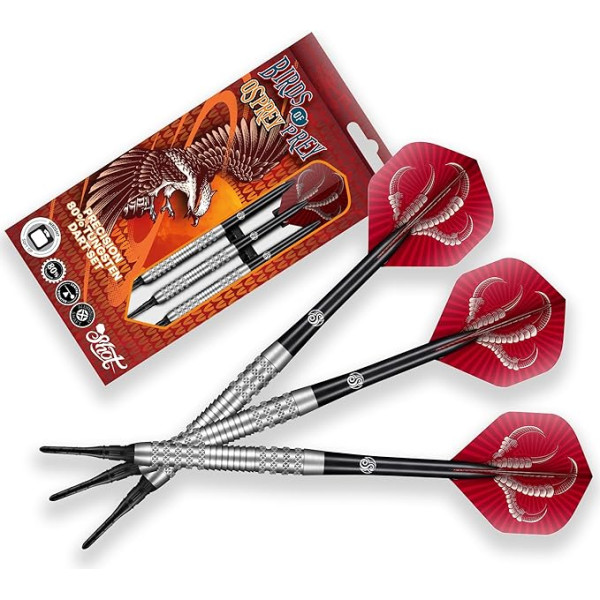 Šāviens! Soft Darts Birds of Prey Osprey Match Darts 90% Volframa šautriņas ar mīkstajiem uzgaļiem | Soft Darts Augstas kvalitātes volframa šautriņu komplekts ar vārpstiņām un lidojumiem, ražots Jaunzēlandē.