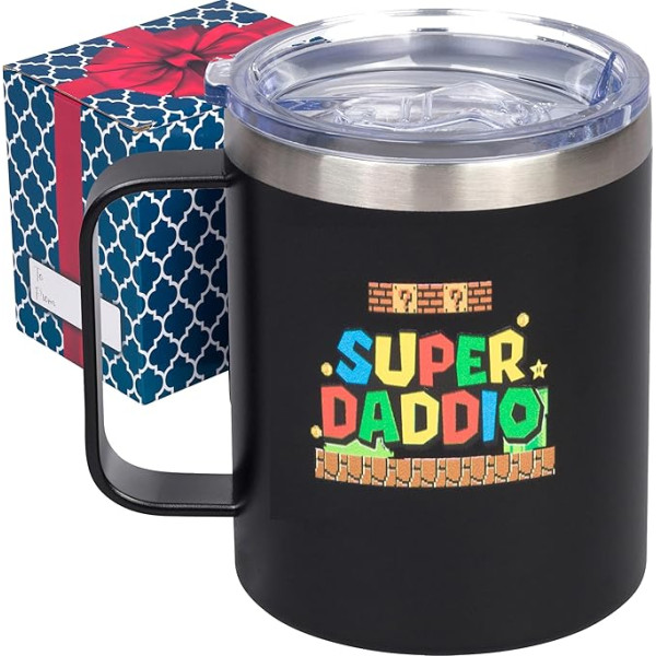 Super Daddio Smieklīgi Tēvu diena Kafijas krūze 12oz Nerūsējošā tērauda Mario kafijas krūze Smieklīgi Tēva diena Krūzītes no dēla meitas bērniem Ziemassvētku dāvanas Jaunais tētis Smieklīga dzimšanas dienas dāvana