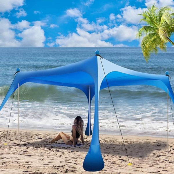 Buheco pludmales telts Pop Up Shade 10x10ft pludmales nojume Saules aizsegs UPF 50+ ar 4 salokāmiem stabiem Pārnēsājama somiņa Smilšu lāpstiņa Zemes tapas Vēja izturīgas virves āra ģimenei