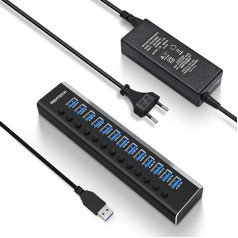 RSHTECH alumīnija USB centrmezgls ar barošanas avotu, RSHTECH alumīnija USB centrmezgls Active 3.0 ar barošanas avotu 72 W (12V/6A), 13 pieslēgvietu USB centrmezgls ar 100 cm datu pārraides kabeli, uzlādei un datu pārsūtīšanai, profesionālai u