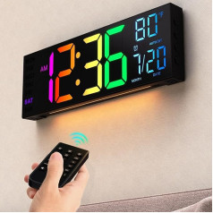 Sienas pulkstenis Digitālais 16,2 collu digitālais sienas pulkstenis ar tālvadības pulti, LED digitālais modinātājs ar 8 RGB krāsām, temperatūru, 4 līmeņu spilgtuma reostats, 12/24 stundas, nakts apgaismojums dzīvojamai istabai,