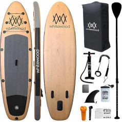 Whitewood SUP lentos pripučiamas 11 colių 335 cm aukščiausios kokybės dizaino medinis iSUP, 180 kg talpa 2 arba 3 žmonėms, su priedais - kuprine, pompa, reguliuojamu irklu, pavadėliu, vandeniui atspariu dėklu