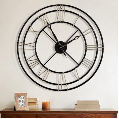 60 cm liels sienas pulkstenis melns, 24 collu Vintage romiešu ciparnīcas Dekoratīvie metāla pulksteņi Gandrīz kluss moderns mājas dekors Ideāli piemērots viesistabai Guļamistaba Virtuve Āra sienas pulkstenis Dekoratīvie dzīvojamā istaba