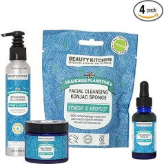 Beauty Kitchen Seahorse Plankton+ Bright Skin komplekts ar mikroaļģēm mitrinātai un barotas ādas kopšanai - videi draudzīgas un ilgtspējīgas dāvanas - mitrinātājs/ sejas eļļa/ gēls tīrīšanas līdzeklis/ konjac sūklis