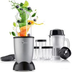 GOURMETmaxx Mr. Magic Mixer, Smoothie Maker ar XXL piederumu komplektu, mikseris, 18 gabali, blenderis ar hermētiski drošiem pārtikas uzglabāšanas vāciņiem, pārtikas procesors kokteiļiem, smūtijiem utt.