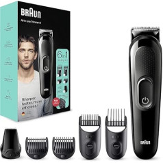 Braun 6 in 1 All-in-One Series 3 vīriešu kopšanas komplekts ar bārdas trimmeri, matu griezēju un precīzu trimmeri ar asiem asmeņiem, 5 piestiprinājumiem, dāvanas vīriešiem, 2 tapas