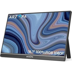 ARZOPA 16,1 collu portatīvais monitors, 1920 x 1080 FHD IPS portatīvais monitors klēpjdatoram ar vienu stieni, atbalsta HDMI/Type-C/USB-C, aizsargā acis, spēļu ekrāns klēpjdatoram/PC/Mac/PS3/4/5/Xbox