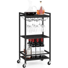 smusei Wooden Serving Trolley 3-Tier Kitchen Trolley with Wheels Drinks Trolley with Wine Glass Holders Storage Trolley Microwave Shelf Modern Black