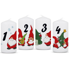 GRAVURZEILE Printed Christmas Candles - Advent Gnome - Small Candles in Set of 4 for Advent Wreath - Decoration for Christmas - Gift for Him and Her - Pillar Candle 120/58 mm