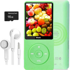 MP3 atskaņotājs, mūzikas atskaņotājs ar 16 GB Micro SD karti, īpaši plāns mūzikas atskaņotājs ar iebūvētu skaļruni, foto skatītājs, video atskaņošana, FM radio, balss ierakstītājs, e-grāmatu lasītājs (gaiši zaļš)