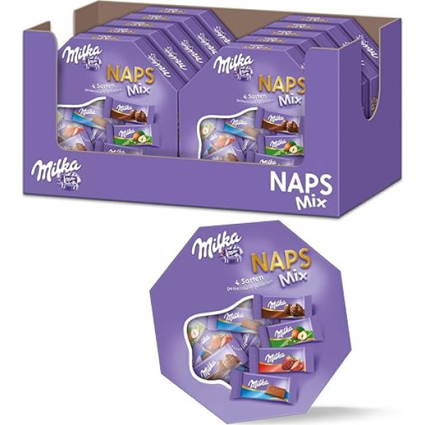 Milka Naps Mix, 10 x 138 g, mutē kūstošas mini šokolādes tāfelītes no Alpu piena, zemenēm, lazdu riekstiem un kakao krēma.