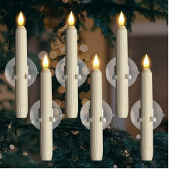 Homemory Pack of 6 Window LED Taper Candles with Sensor Dusk to Dawn, Stripped Table Candles with Suction Cups, Roman Column Battery Operated Christmas Candles for Windows, Ivory