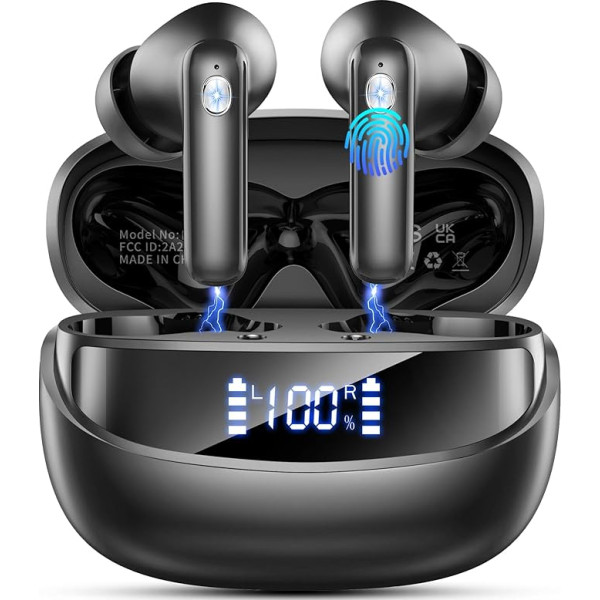 Bluetooth austiņas, bezvadu Bluetooth 5.4 HiFi Stereo, In-Ear austiņas ar ENC trokšņu slāpēšanas mikrofoniem, bezvadu austiņas, 50 stundu atskaņošanas laiks, IP7 ūdensizturīgas austiņas ar LED displeju, USB-C