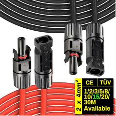 Saules kabeļa pagarinājums 2 x 15m 1/2/3/5/5/8/10/15/20/20/30m 4mm²/12AWG 1500V fotoelementu kabelis ar kontaktdakšu Ūdensizturīgs IP68 saules paneļiem, fotoelementu paneļu uzstādīšanai