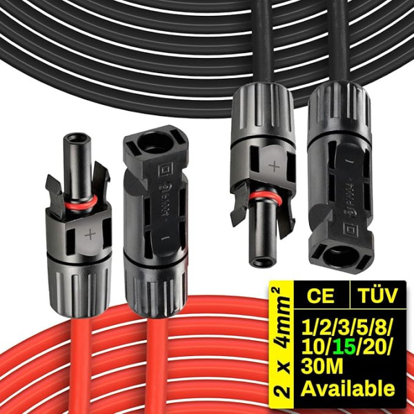 Saules kabeļa pagarinājums 2 x 15m 1/2/3/5/5/8/10/15/20/20/30m 4mm²/12AWG 1500V fotoelementu kabelis ar kontaktdakšu Ūdensizturīgs IP68 saules paneļiem, fotoelementu paneļu uzstādīšanai