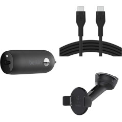 Belkin Premuim auto komplekts (USB-C ātrais auto lādētājs 20 W un USB-C-uz USB-C 1 m lādēšanas kabelis un universāls stiprinājums)