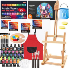 Shuttle Art 66-Piece Professional Painting Case with Table Easel, 30 Acrylic Paint Set, Canvas, Brush, Palette, Sponge, Complete Accessories, Painting Set for Children and Adults with Easel Wood