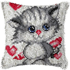 ROCKY&CHAO ROCKY&CHAO aizdares paklājs DIY aizdares komplektiem ar spilvenu aizdares komplekts 43 x 43 cm spilvena pārvalka komplekts pieaugušajiem un bērniem aizdares āķa komplekts mājas piederumiem (Love Grey Cat)