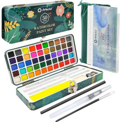 Artecho Aquarellfarben Set 50 Farben in Tragbarer Box Inklusive 4 Fluoreszierende, Wasserfarben with Aquarellpapier, pinsel und andere Zeichnung Werkzeuge, Ideal für Künstler und Hobbymaler