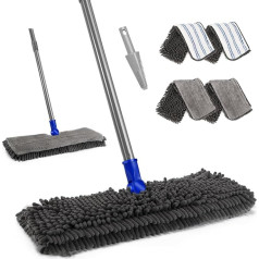 Myiosus Flat Mop, Chenille Floor Mop with 4 Double-Sided Mop Pads, 127 cm Mop with 360° Rotating Head, Microfibre Flat Mop for Hardwood Laminate Tiles Floor Cleaning, Send 1 Scraper