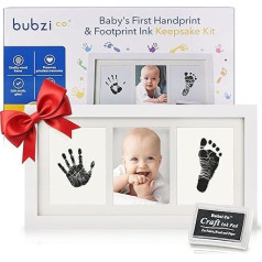 Bubzi Co Precious Baby Handprint Footprint Plaster Imprint Set, Baby Photo Keepsake in White with Non-Toxic Stamp Pad Quality Wooden Frame with Safe Acrylic Glass, Great Baby Gift for Baby Shower