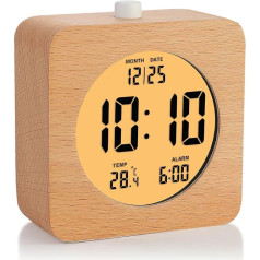 Plumeet koka digitālais modinātājs, 10 cm, ar bateriju darbināms modinātājs ar modinātāju un nakts apgaismojumu, elektronisks LCD galda pulkstenis ar laiku, datumu, temperatūru, 12/24 stundu rādījumu, koka dekors, kvadrātveida