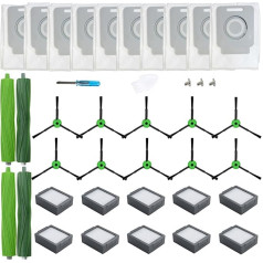 Loveco rezerves daļu piederumi Savietojams ar iRobot Roomba I sērijas i1+ i2+ i3+ i4+ i5+ i6+ i7+ i8+, J sērijas j5+ j6+ j7+ j8+ j9+ (2 gumijas suku komplekti, 10 filtri, 10 sānu birstes, 10