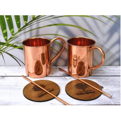 India House - Moscow Mule kausu komplekts, 16 oz | Kokteiļu kausu komplekts | 100% varš | Vara glāzes | Svētku dāvana (tīra vara gludi gludas apdares komplekts ar 2 krūzēm (2 paliktnīši, 2 salmiņi bez))