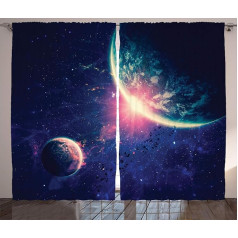 ABAKUHAUS Galaktikos kaimiškos užuolaidos, kosmosas, Marsas, planetos, gyvenamasis kambarys, universalios juostinės užuolaidos su skirtukais ir kabliukais, 280 x 260 cm, tamsiai mėlyna, rožinė