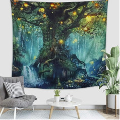 FENGZHU Sienas piekaramais gobelēns Dzīvības koks psihodēliskā mežā zem zvaigžņu mēness nakts (130 x 150 cm)
