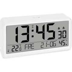 ADE digitālais radio vadāms modinātājs ar XXL cipariem | galda pulkstenis un radio vadāms modinātājs ar kalendāra funkciju | ar temperatūras un mitruma rādījumu | 2 modināšanas laiki un snaudas funkcija | balta krāsa