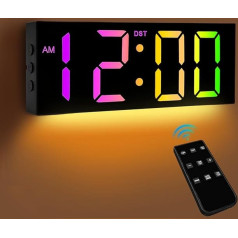 Digitālais sienas pulkstenis, LED sienas pulkstenis, liels sienas pulkstenis ar 12 collu displeju, krāsains digitālais pulkstenis ar nakts apgaismojumu, ar tālvadības pulti, klusais sienas pulkstenis, aptumšojams, piemērots viesistabai, guļamistab