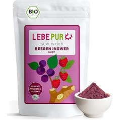 Lebepur Organic Berries Ginger Shot 500 g - Aronijas, hibiska, acai un dzērveņu kombinācija ar ingveru - universāls šotam, sulai, kokteiļiem - neapstrādāta pārtikas kvalitāte, bez piedevām