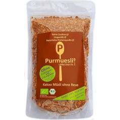 Purmuesli bioloģiski kakao graudaugi bez nožēlas, 350 g, 16% olbaltumvielu, bez pievienotā cukura, tikai 0,8% cukura, vegāni, bez laktozes, bez piedevām, bez piedevām