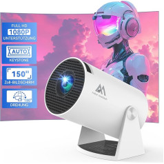 Aubor Mentech mini projektors ar WiFi un Bluetooth, 180° pārnēsājams projektors, 1080P atbalsts, 150 collu viedprojektors ar Android TV 11.0, īsa tālummaiņa, automātiskā taustiņmaiņa āra/ mājas kinozālei, balts