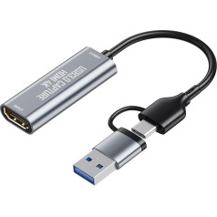 DigitConvert video uztveršanas karte, 4K HDMI uz USB 3.0 / USB C uztveršanas karte, 1080P video uztveršanas karte spēlēm, ierakstīšanai, tiešraidei, saderīga ar PS4/PS5/Xbox/Kameru/OBS/PC/Mac/Mobilajiem tālruņiem