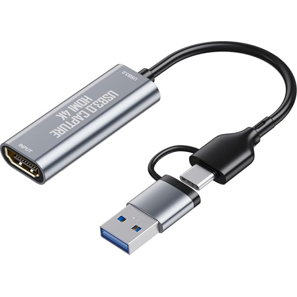 DigitConvert video uztveršanas karte, 4K HDMI uz USB 3.0 / USB C uztveršanas karte, 1080P video uztveršanas karte spēlēm, ierakstīšanai, tiešraidei, saderīga ar PS4/PS5/Xbox/Kameru/OBS/PC/Mac/Mobilajiem tālruņiem