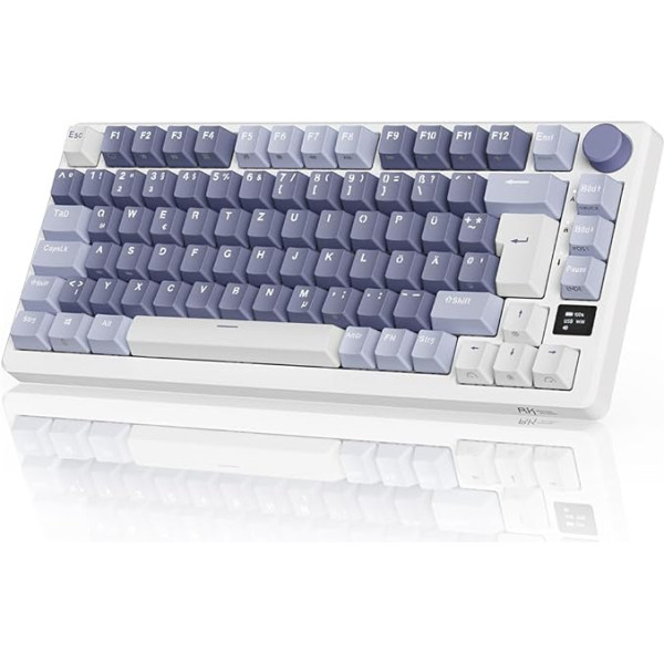 RK ROYAL KLUDGE M75 Gaming Keyboard Wireless, 75% TKL mehāniskā tastatūra, RGB 2,4GHz Wireless/Bluetooth/USB-C, QWERTZ ar OLED viedo displeju un pogu, ar karsti maināmu sarkanu slēdzi, lavandas violeta krāsa