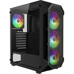 GAMDIAS Aura GC1 Elite ARGB ATX Gaming Midi-Tower PC korpuss, 4 x 120 ARGB ventilatori, augstas gaisa plūsmas režģa priekšējais panelis, bez instrumentu uzstādīšanas, rūdīta stikla sānu panelis, pamatplates sync, melns