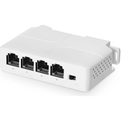 4 portu PoE pagarinātājs, 1 PoE ieeja, 3 PoE izejas, IEEE802.3af/at PoE caurlaides komutators, 100Mbps Ethernet, DIN sliedes un sienas stiprinājums