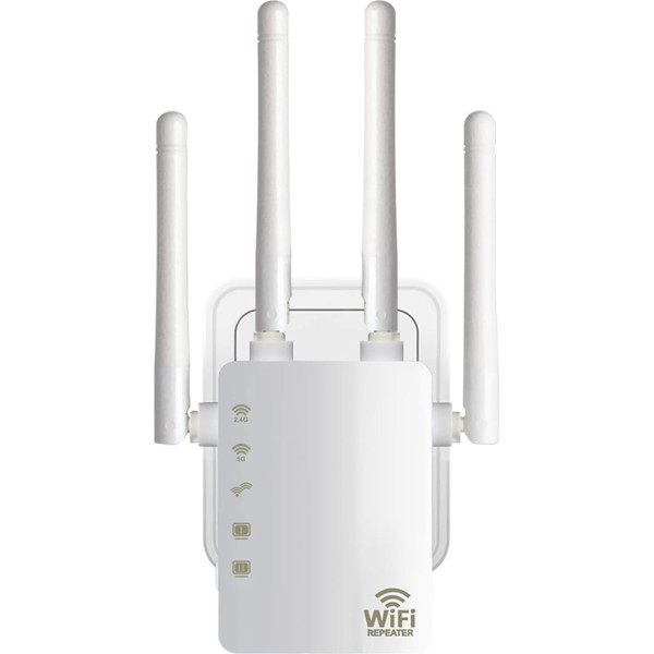 WLAN atkārtotājs WLAN pastiprinātājs (AC1200 2,4GHz: 300 Mb/s; 5GHz: 867MBit/s), 4 x 3dBi ārējās antenas, WPS, LED displejs, WPA/WPA2, LAN savienojums, saderīgs ar visiem WLAN maršrutētājiem, balts