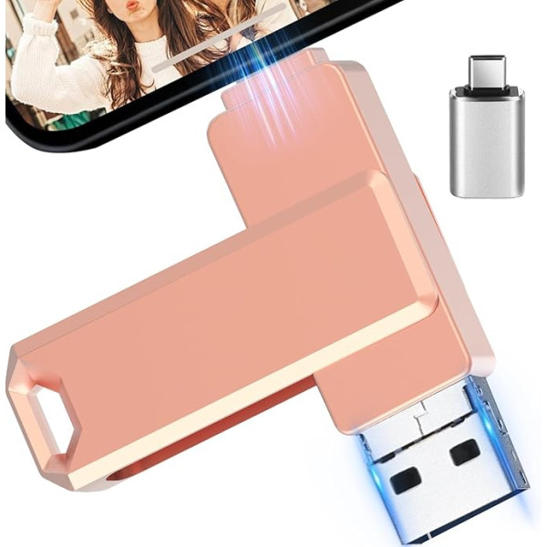 USB zibatmiņas karte 256 GB 3-in-1 ar USB-C adapteri tālrunim, Android, planšetdatoram, datoram un klēpjdatoram, ārējā atmiņas karte - efektīva fotoattēlu un datu dublēšana, atbalsta iOS un Android, (rozā)