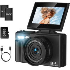 LAMA Digitālā kamera 4K 64MP Mini digitālās kameras 3,0 collu foto kamera ar 64G SD karti, 180° apgriešanas ekrāns, 18X tālummaiņa, kompaktā kamera Digitālā fotokamera, fotokamera iesācējiem, bērniem, pusaudžiem (melna)