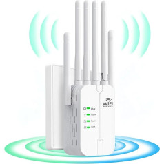 WLAN WiFi retranslators ar 6 antenām, 2 Ethernet pieslēgvietām, WLAN pastiprinātājs ar pārklājumu līdz 200 m², WiFi pagarinātājs ar maršrutētāja/atkārtotāja/AP režīmu, saderīgs ar dažādiem maršrutētājiem un tīkla ierīcēm (610)